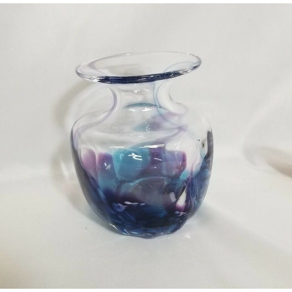 Jerpoint Glass Studio Ireland Hand Blown Purple Blue Swirl 4" Glass Vase - Picture 3 of 9